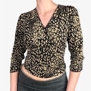 East 5th black gold leopard printed babydoll v beck blouse top - size M